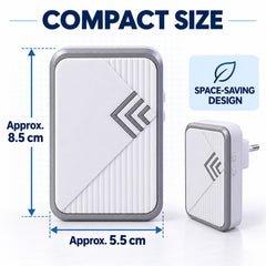 A graphic displaying the white and gray doorbell chime and button with dimensions. The chime is approximately 8.5 cm tall