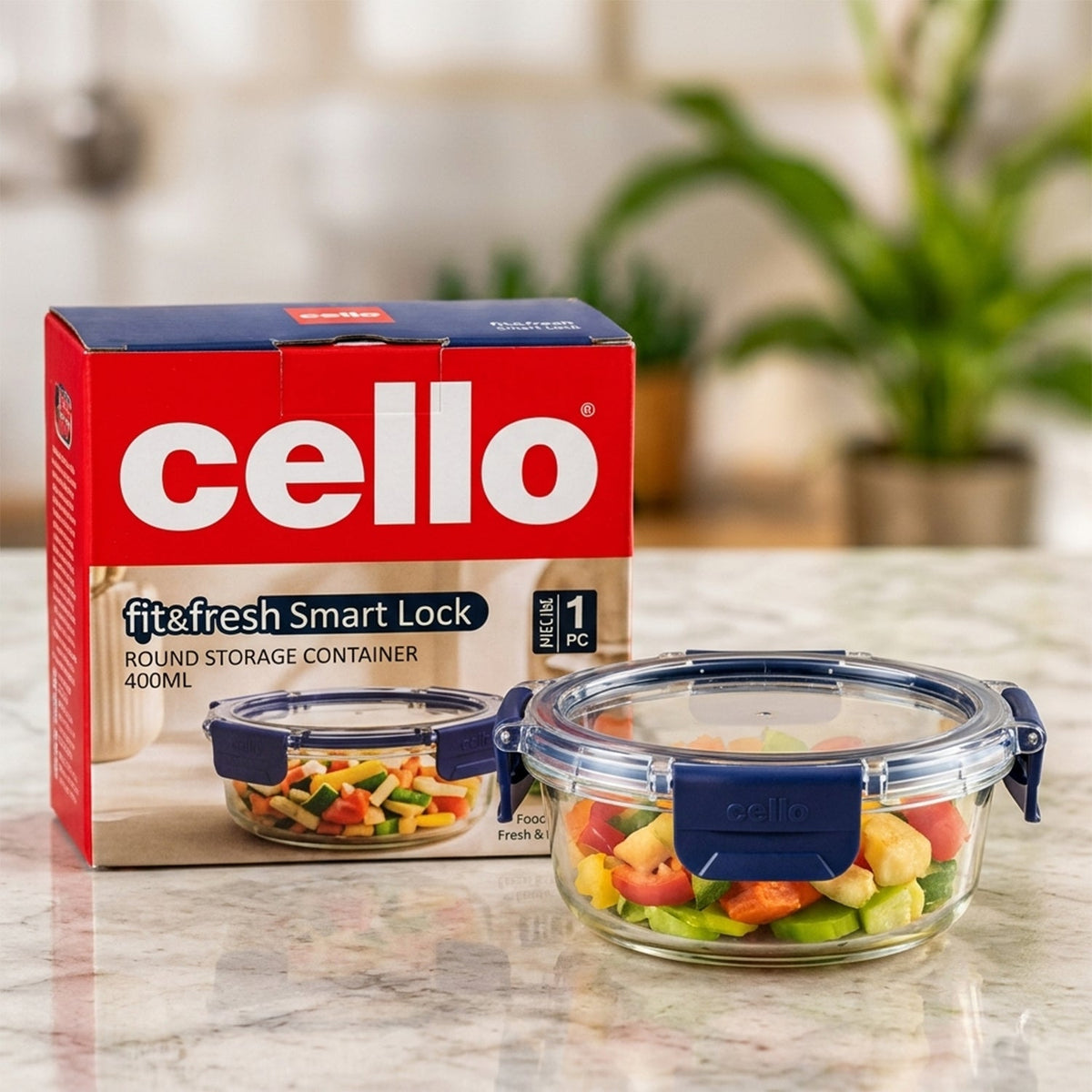 Cello 400ml Round Glass Food Storage Container with Smart Lock Lid (1 Pc)