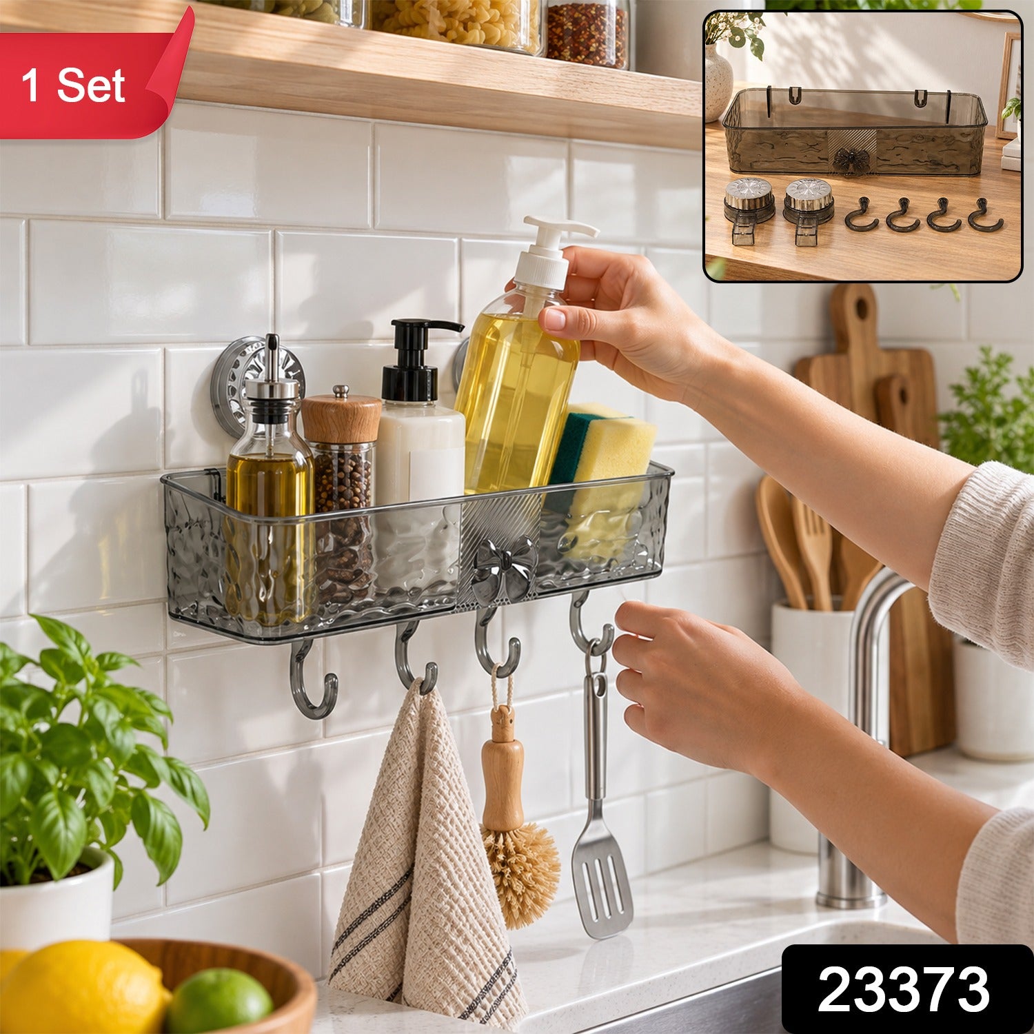 A person places a clear grey plastic shower caddy with four hooks onto a white tiled wall, filled with various â€“ view 2