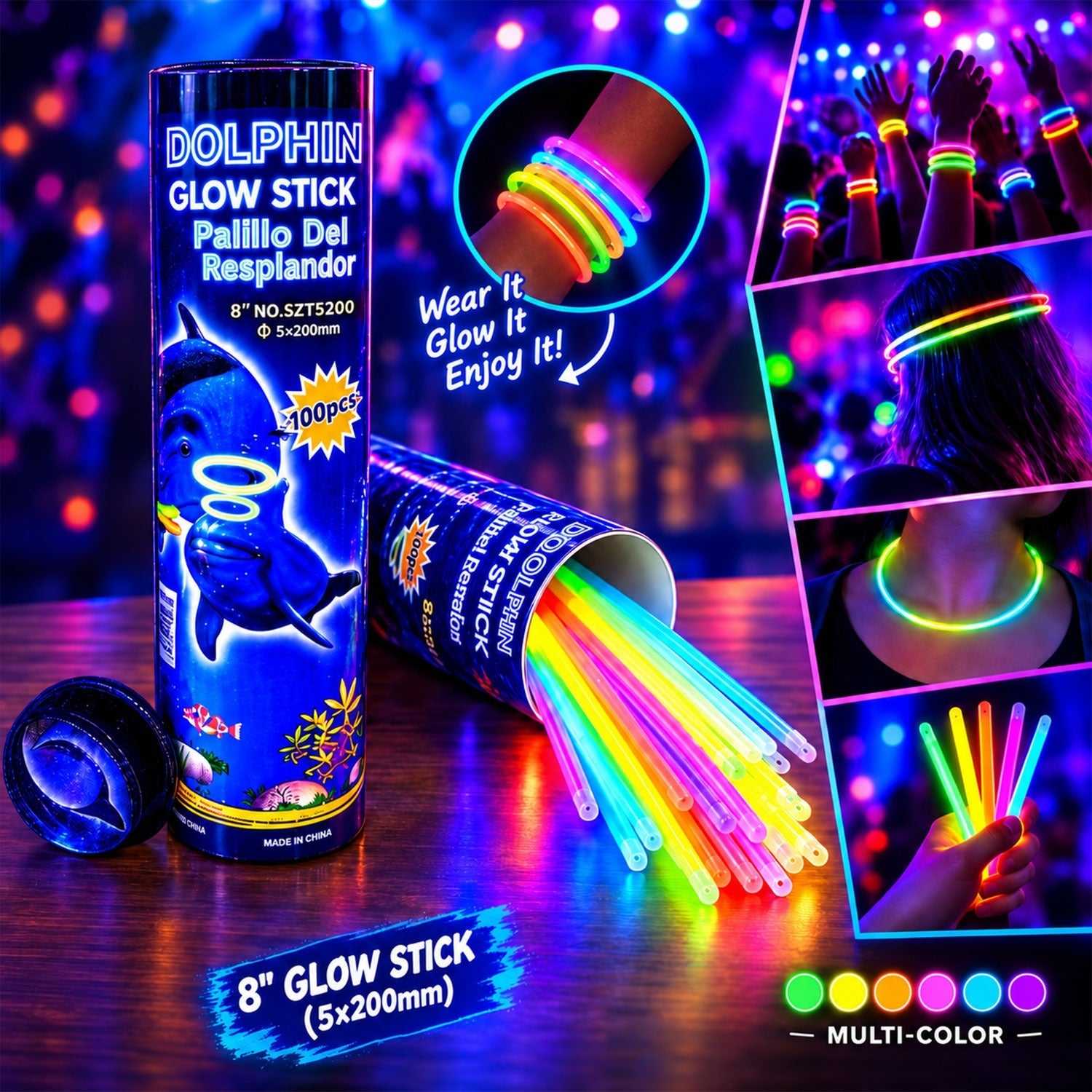 Multicolour glow sticks and bracelets shown beside their tube packaging in a party collage