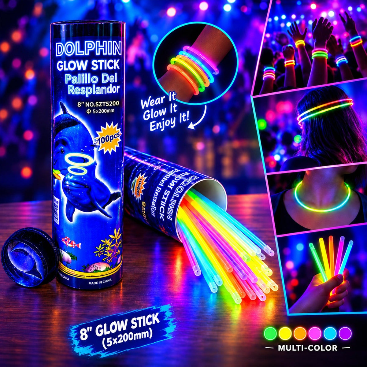 Multicolour glow sticks and bracelets shown beside their tube packaging in a party collage
