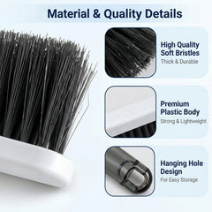 Close-up details of the brush highlight its soft, thick bristles, premium plastic body, and hanging hole design.
