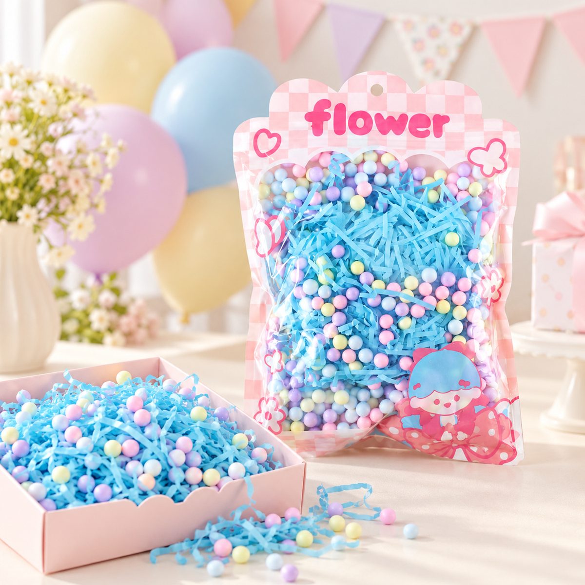 A clear bag of blue shredded paper and pastel foam balls next to an open pink box filled with the same items.