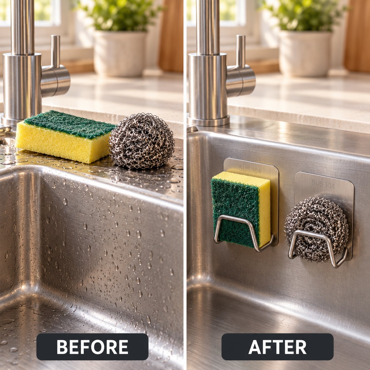 A split image shows sponges on a wet counter before and then neatly stored in two holders inside a shiny sink.
