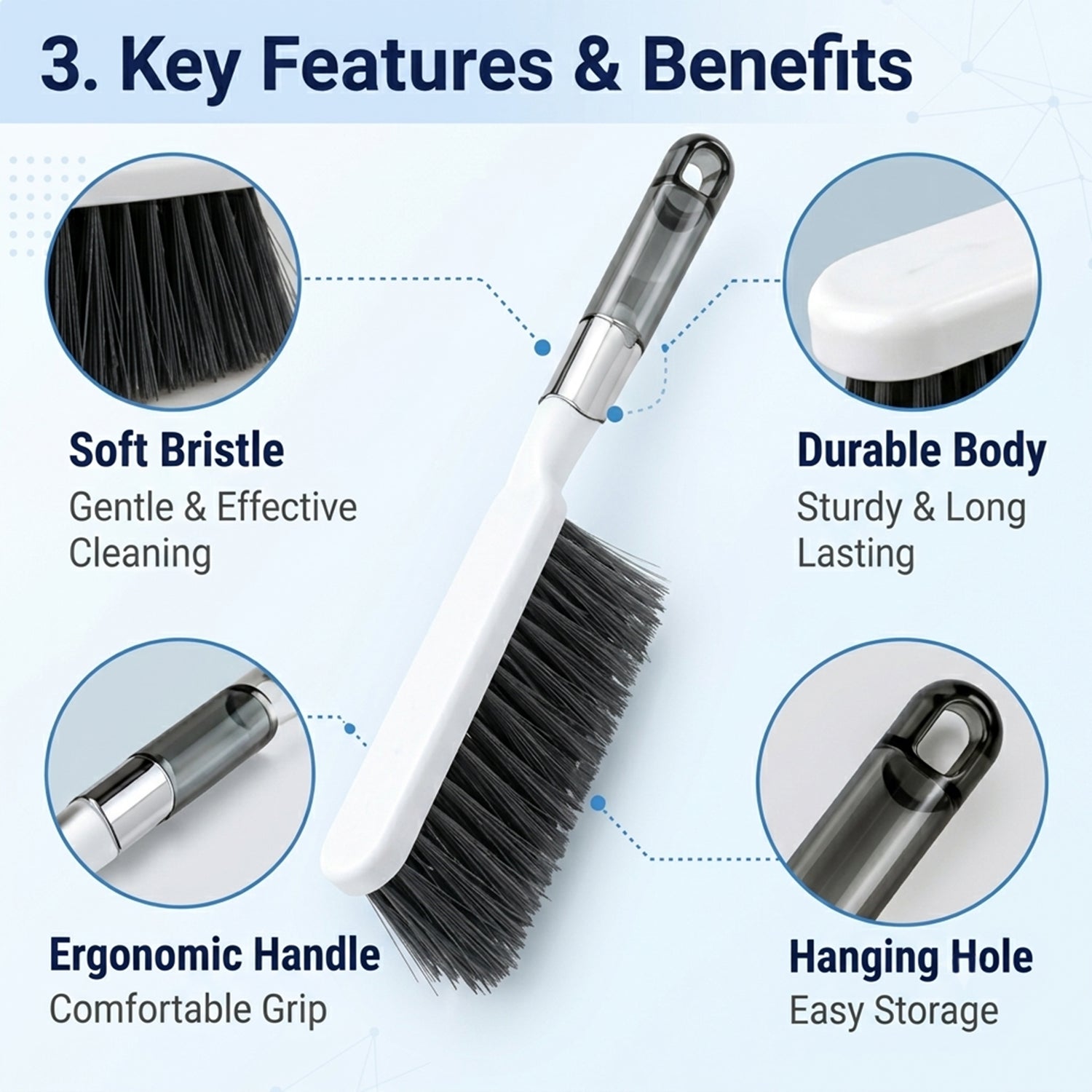 An infographic highlights the brush's soft bristles, durable body, ergonomic handle, and hanging hole.