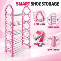 An angled perspective of the pink shoe rack, emphasizing its five-tier design, space-saving features, sturdy metal tubes,