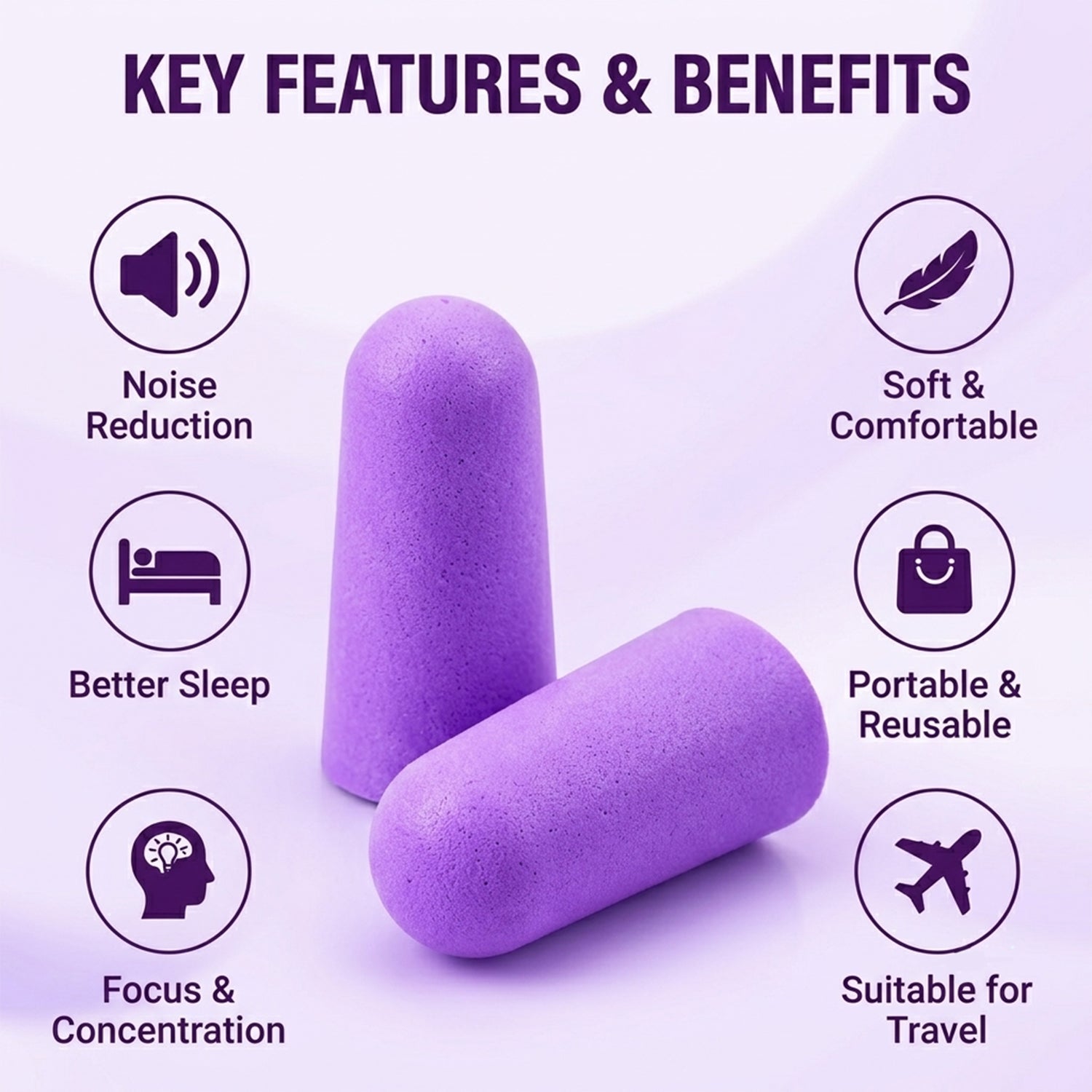 Two purple foam earplugs are shown with six circular icons illustrating benefits like noise reduction, comfort, and