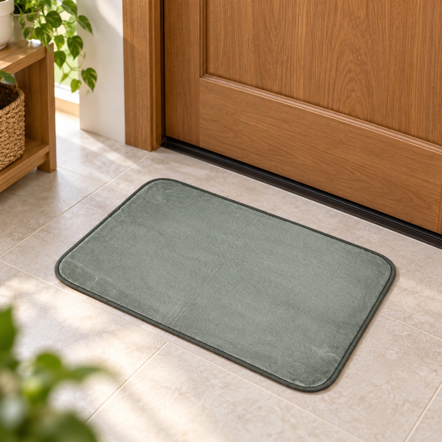 A gray rectangular floor mat positioned on light tiled flooring in front of a closed wooden door.