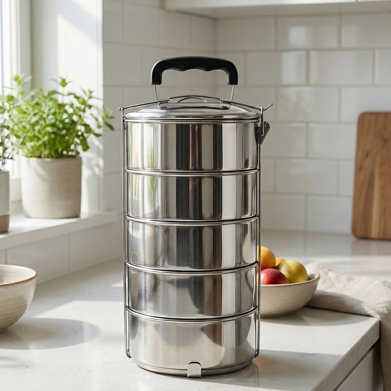 Stainless Steel 5 Compartment Round Lunch Box with Locking Clip