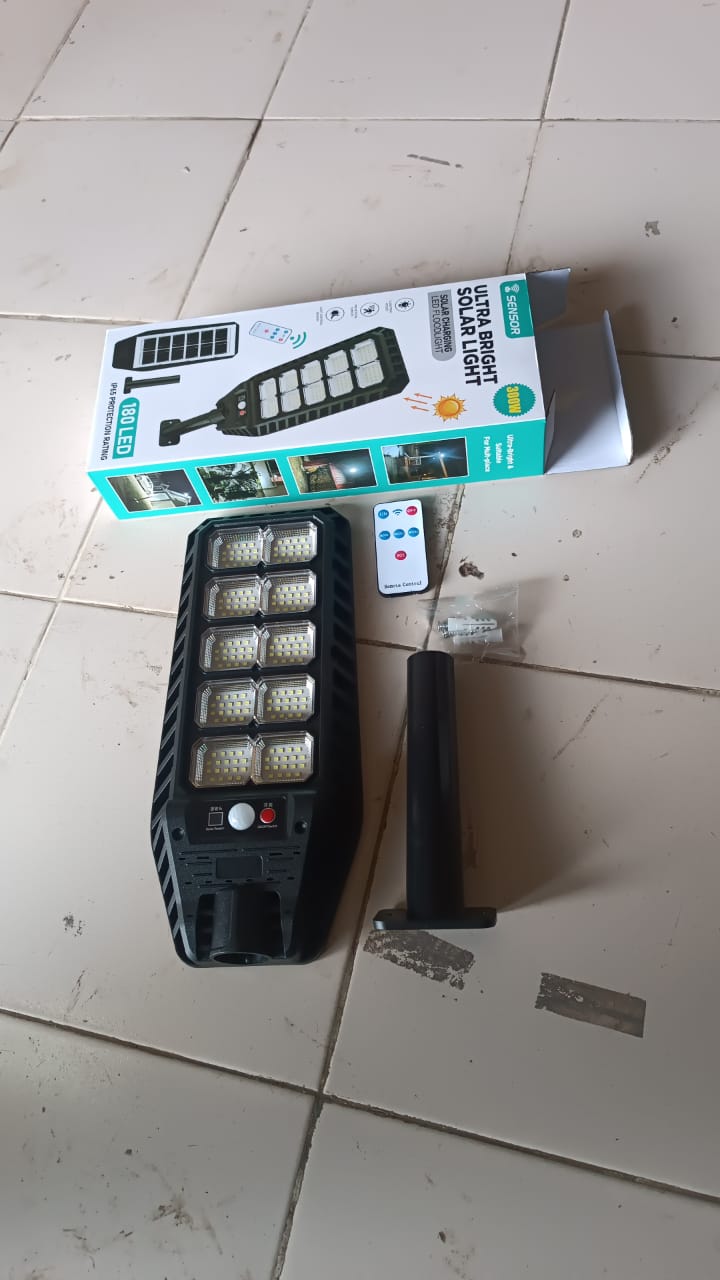 Solar LED street light mounted on a pole outdoors
