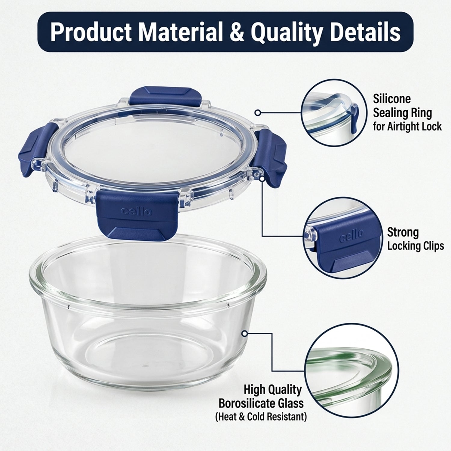Cello 400ml Round Glass Food Storage Container with Smart Lock Lid (1 Pc)