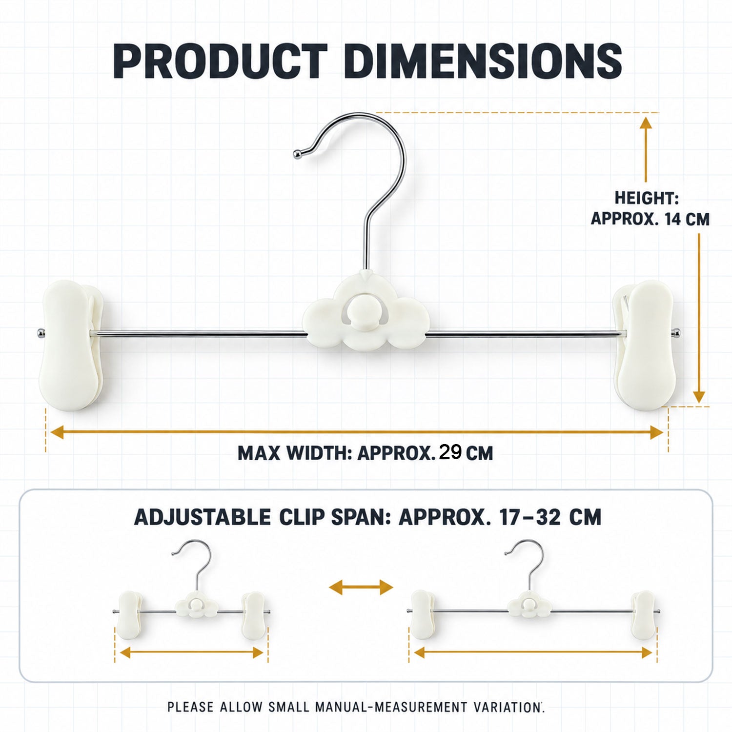 Diagram showing the dimensions of a white cloud-shaped hanger with adjustable clips.