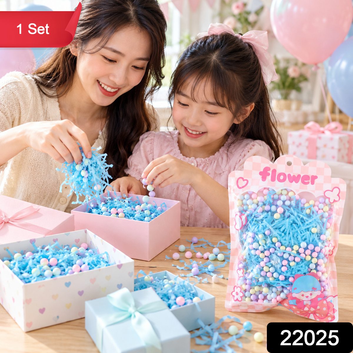 A mother and daughter joyfully adding blue shredded paper and pastel foam balls to gift boxes, with balloons behind them.