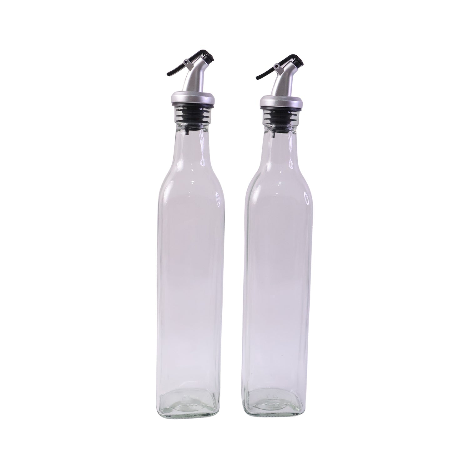 Pair of Glass Oil Dispenser Bottles White Background