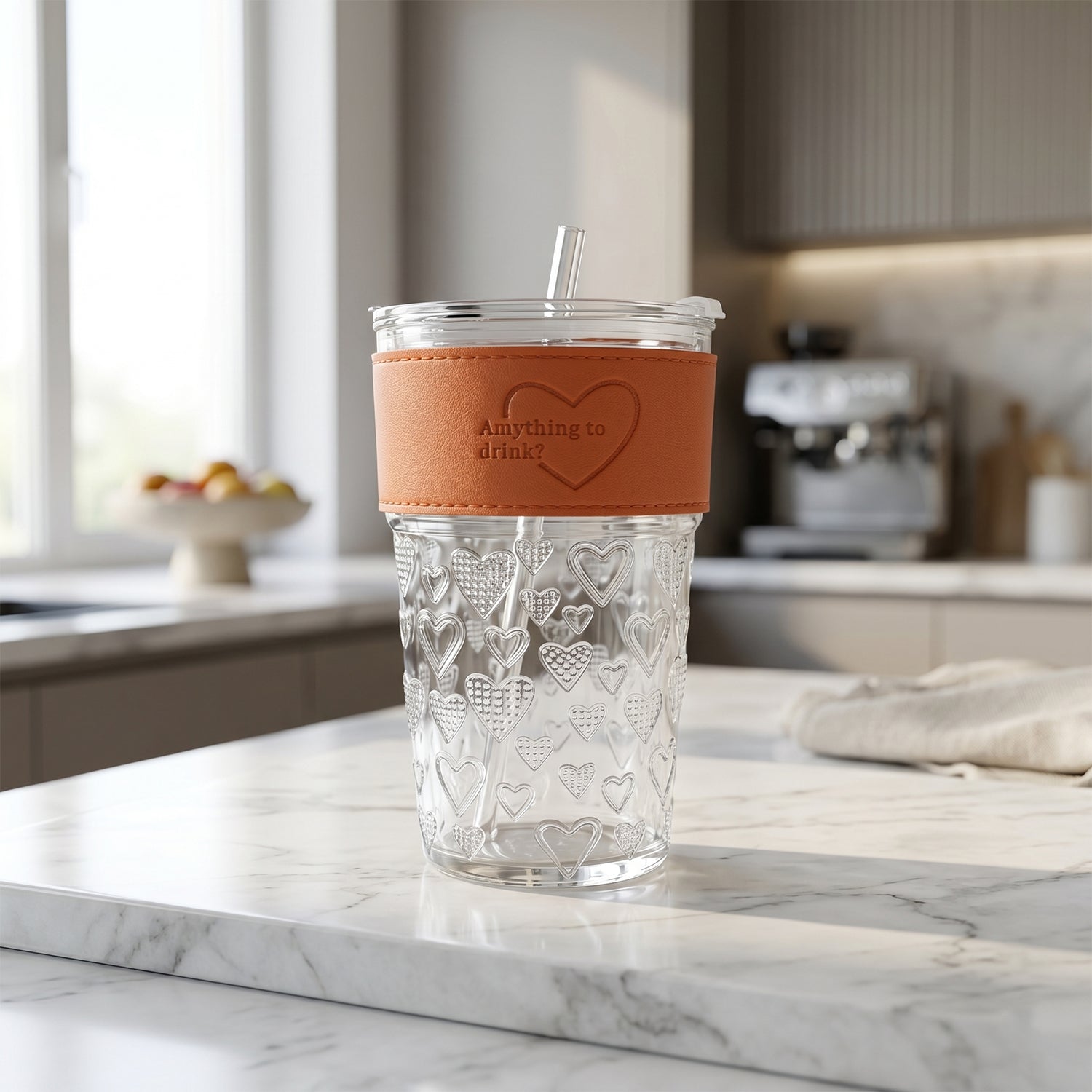 Clear glass drinking tumbler with lid on white background