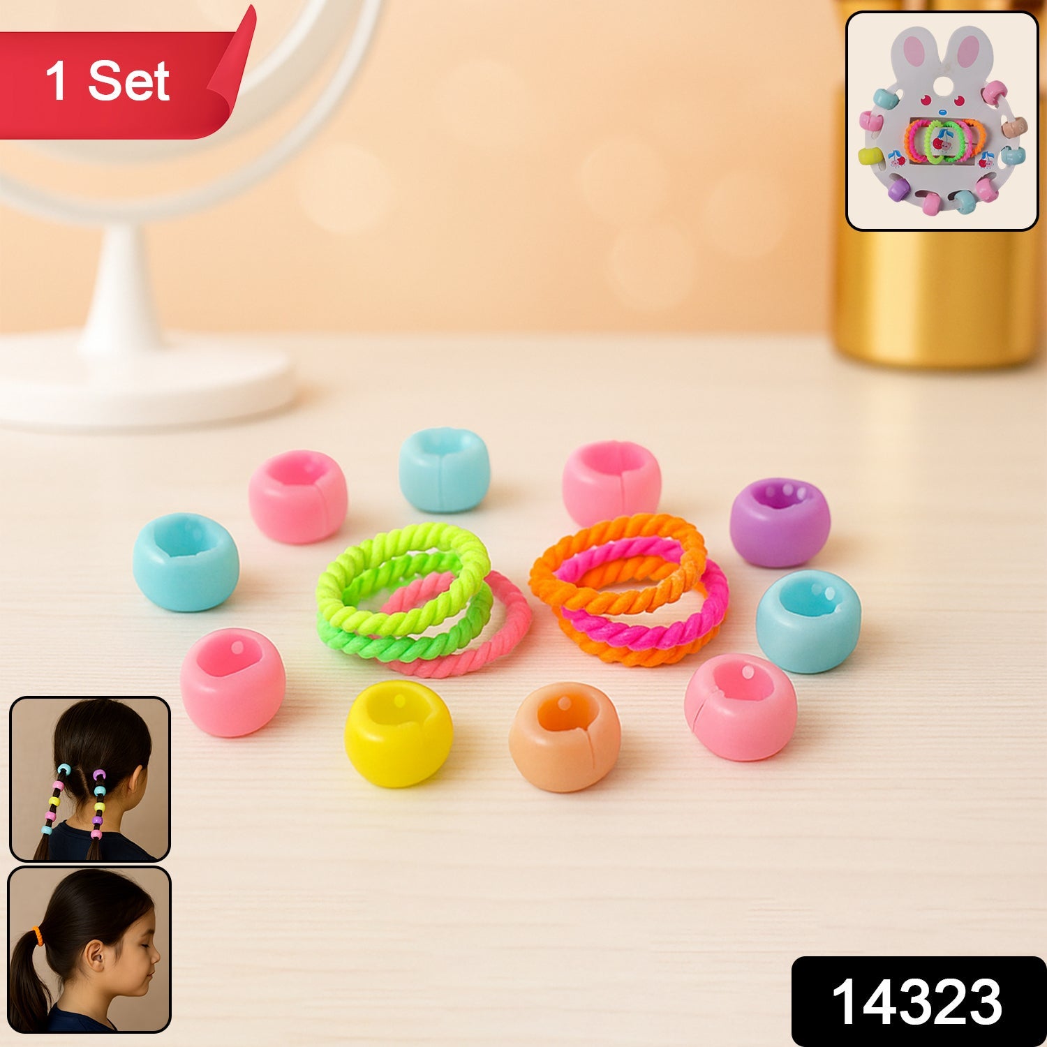 Close-up of pastel crown-shaped claw clips and elastic hairbands