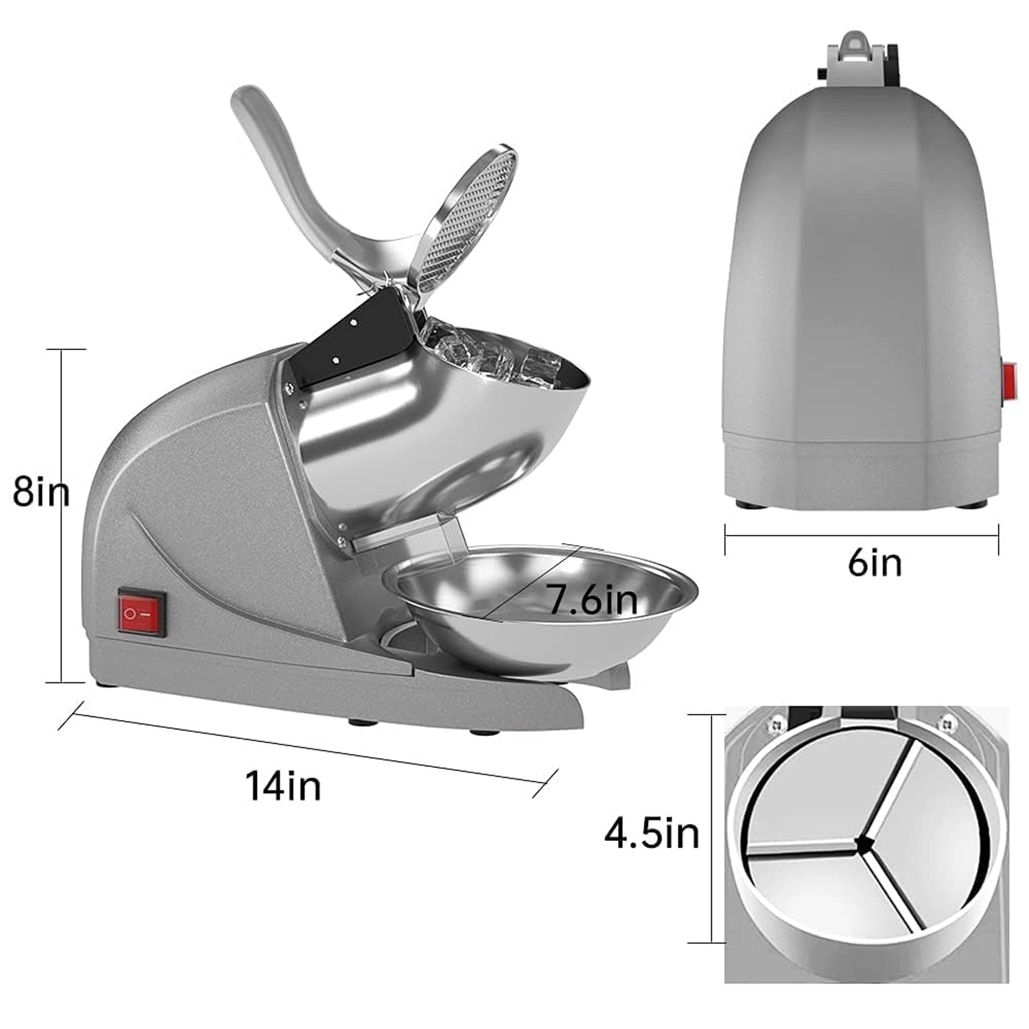 Dimensions diagram for electric ice crushing machine