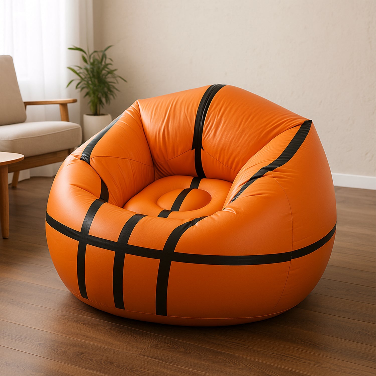 A playful inflatable ball chair set up in a cozy room, ready for relaxation.