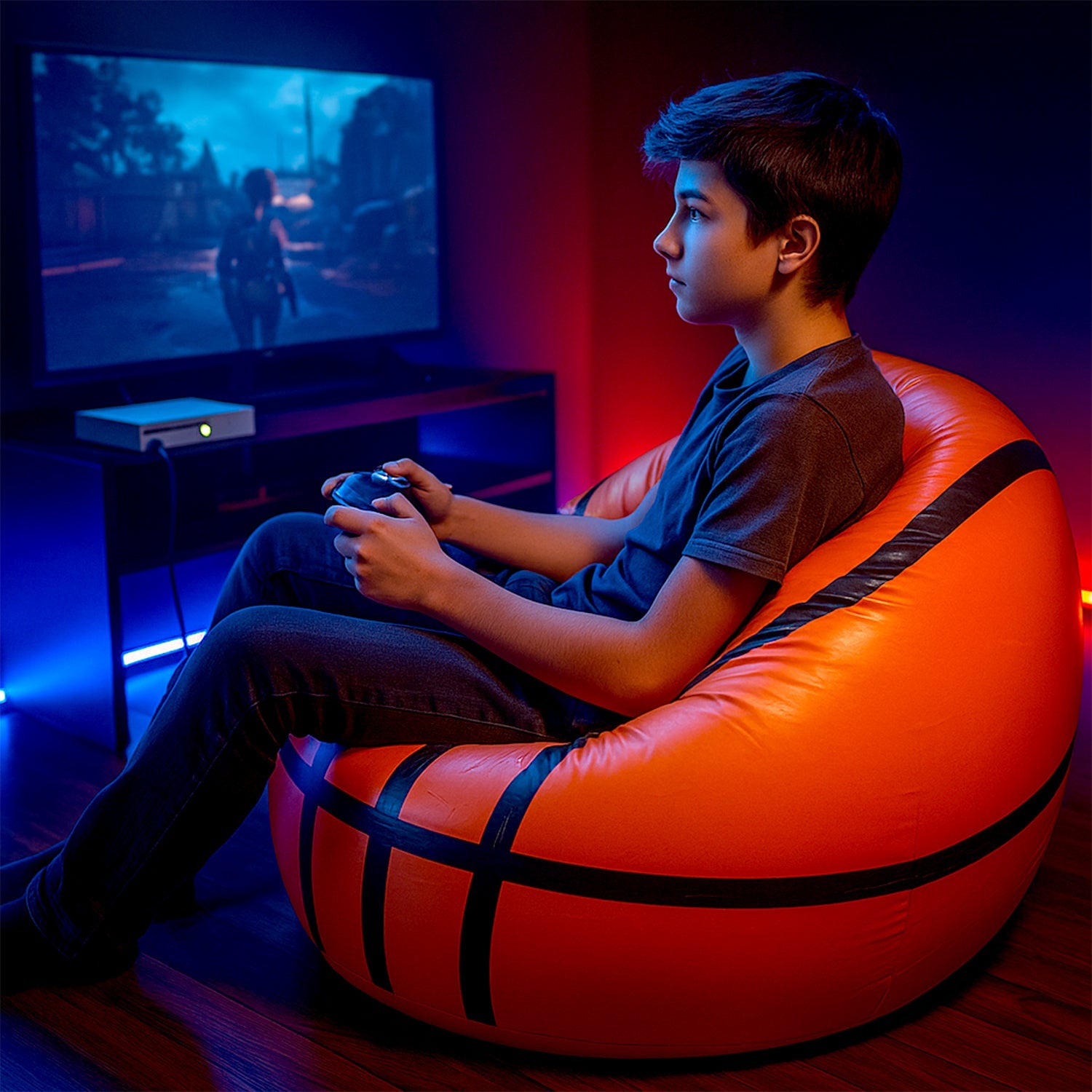 Happy child sitting comfortably in the portable inflatable ball chair, enjoying leisure time.