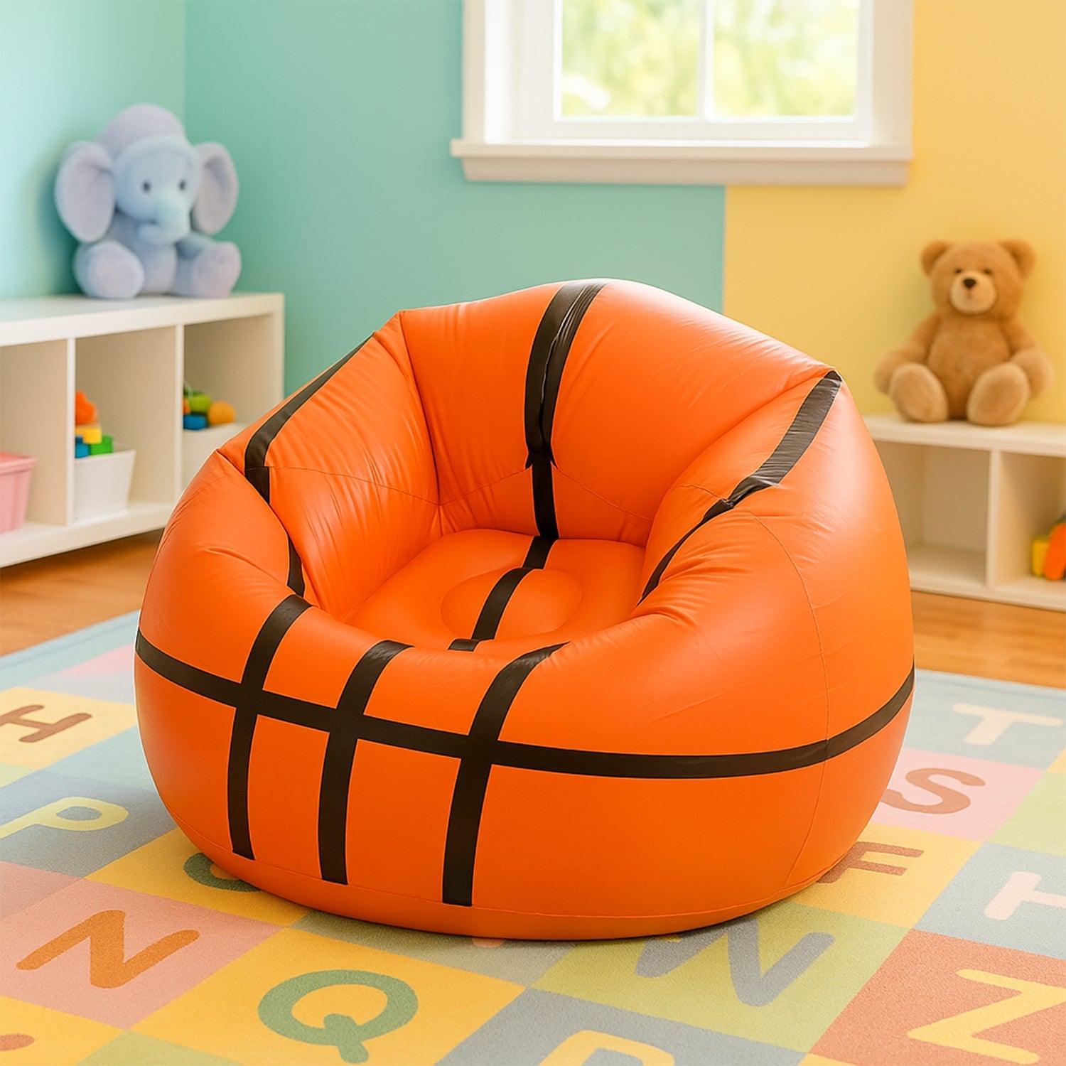 Compact, deflated inflatable sofa chair, highlighting its easy storage and portability.