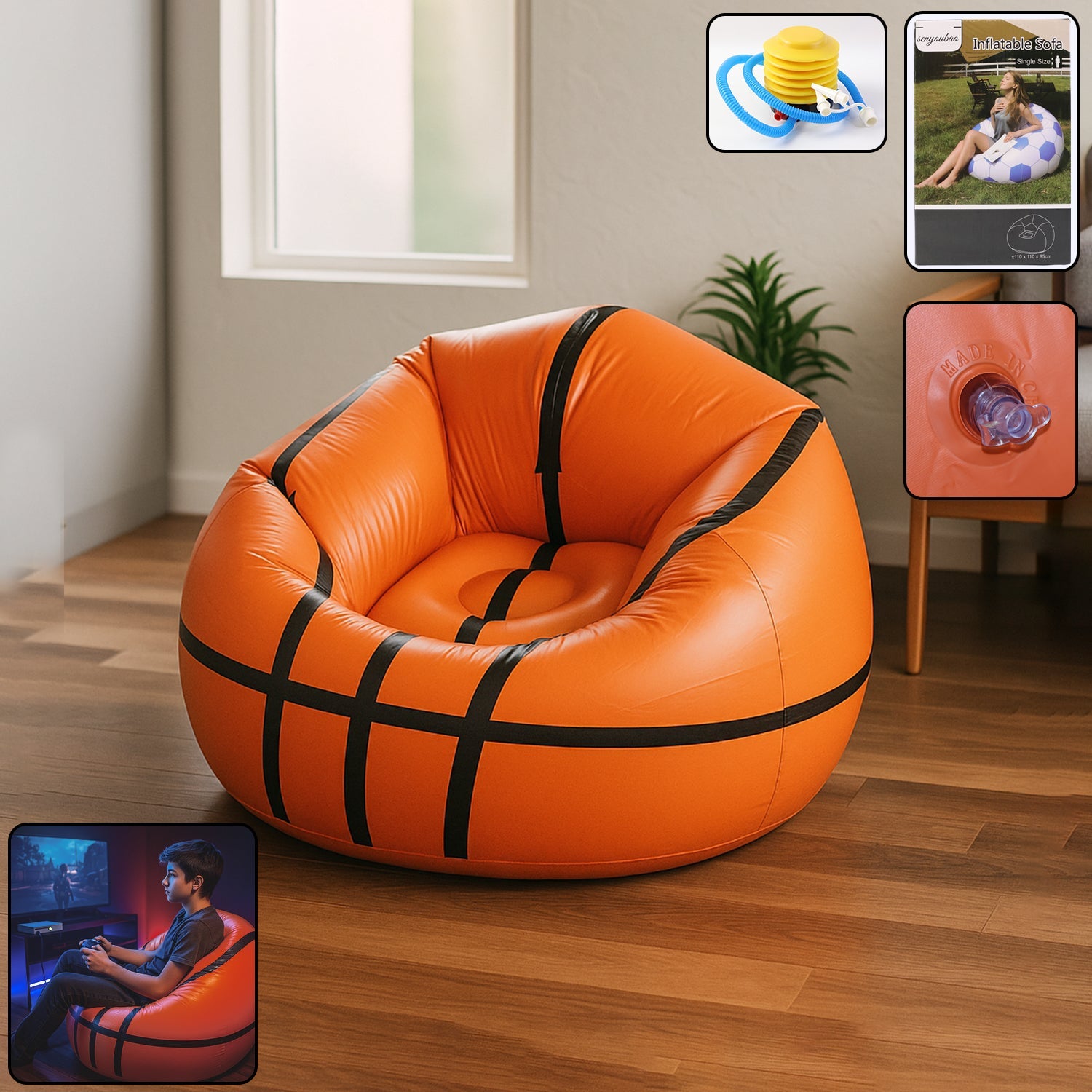 Vibrant yellow and black inflatable ball chair, perfect for a modern living space.
