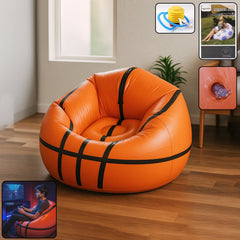 Vibrant yellow and black inflatable ball chair, perfect for a modern living space.