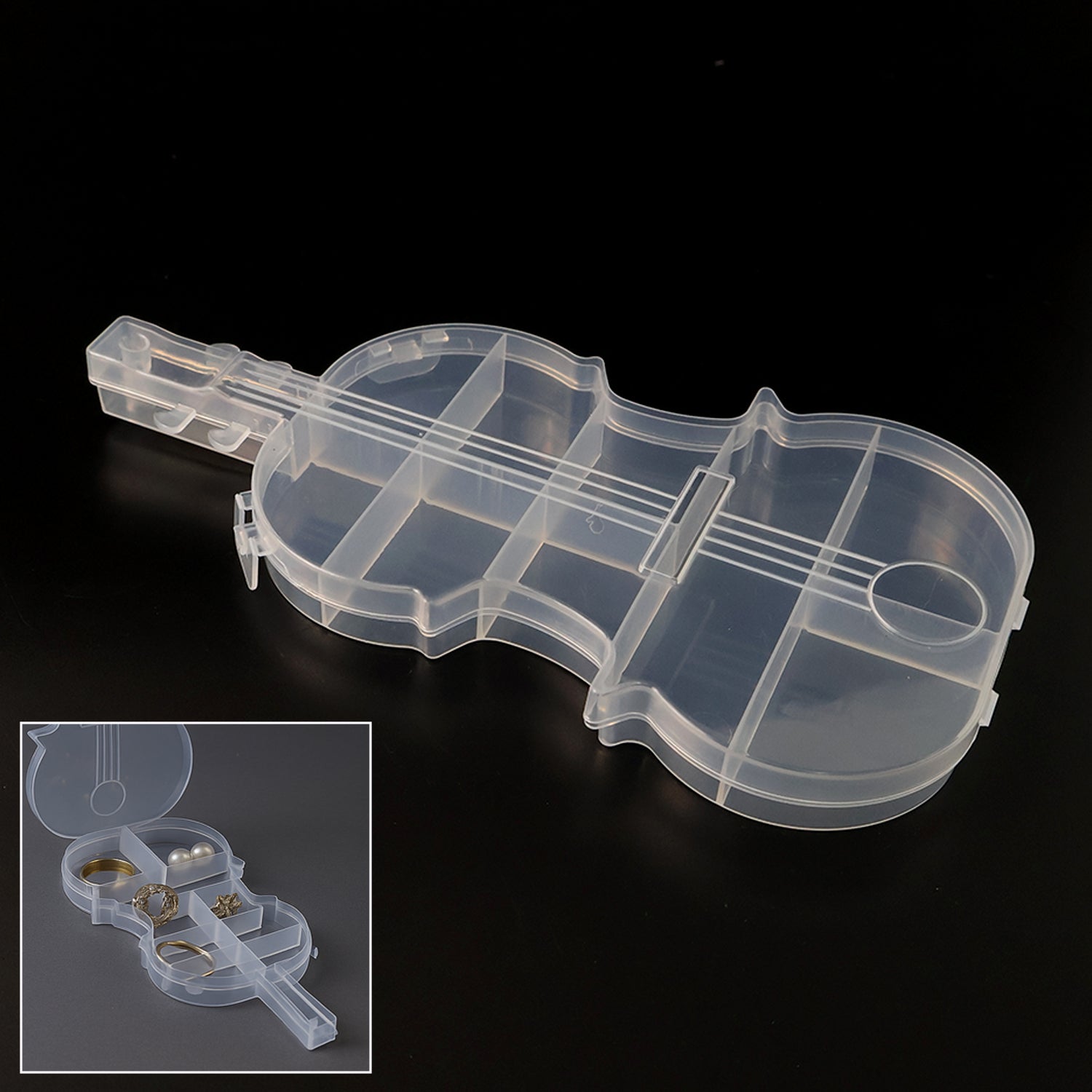 Violin-shaped transparent plastic storage box for jewellery and craft items