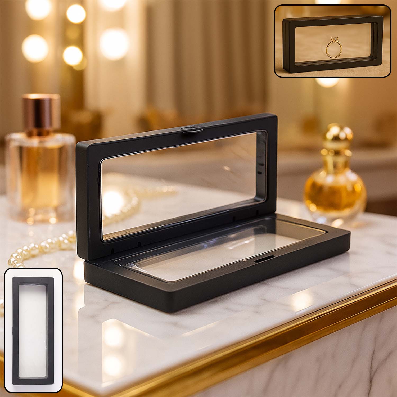 Transparent floating jewelry display box 18x7cm with rings inside