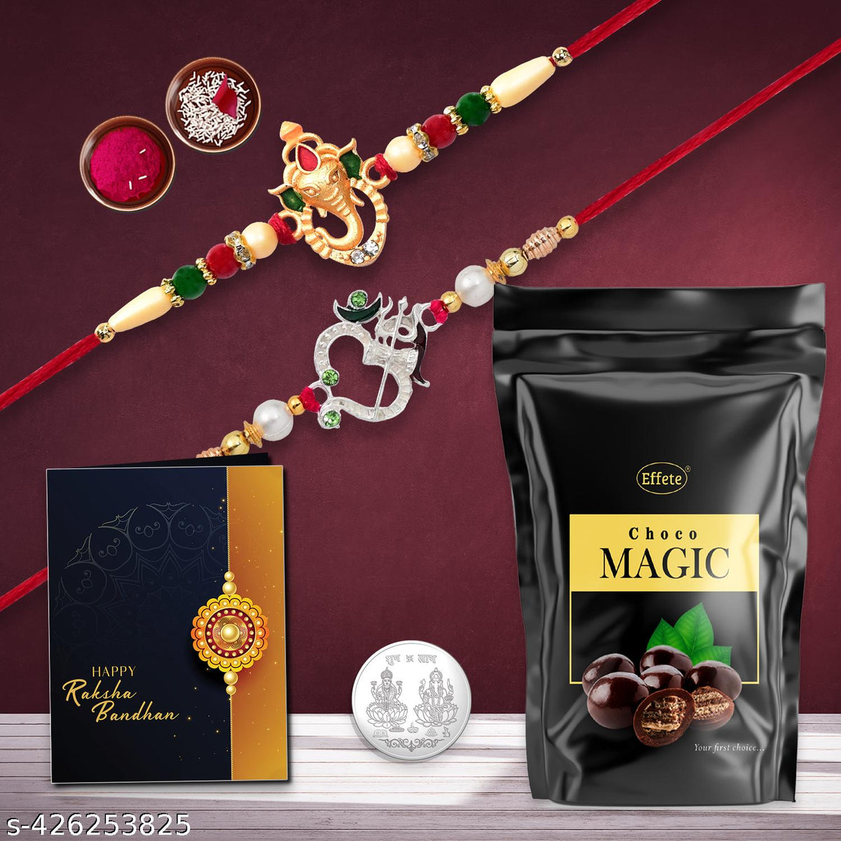 2 Rakhi Gift Pack Featuring Ganpati and Om Trishul Rakhi, Choco Magic Pouch, Coin, Tilak Essentials & Greeting Card,Rakhi Gift Combo