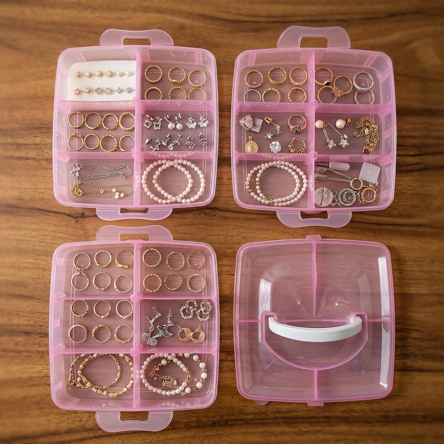 Close-up of transparent compartments in storage box