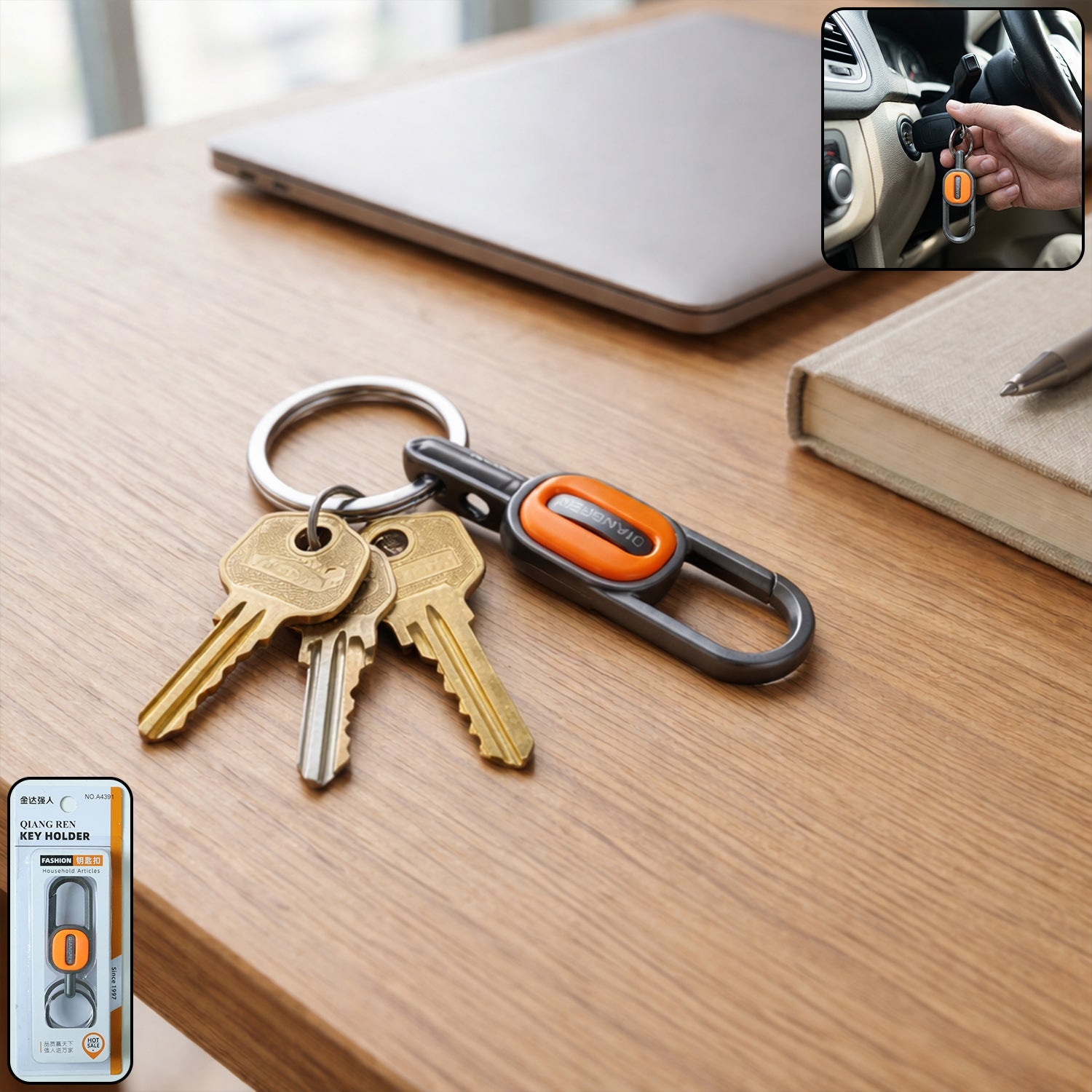 Premium heavy duty push lock metal keychain with dual rings