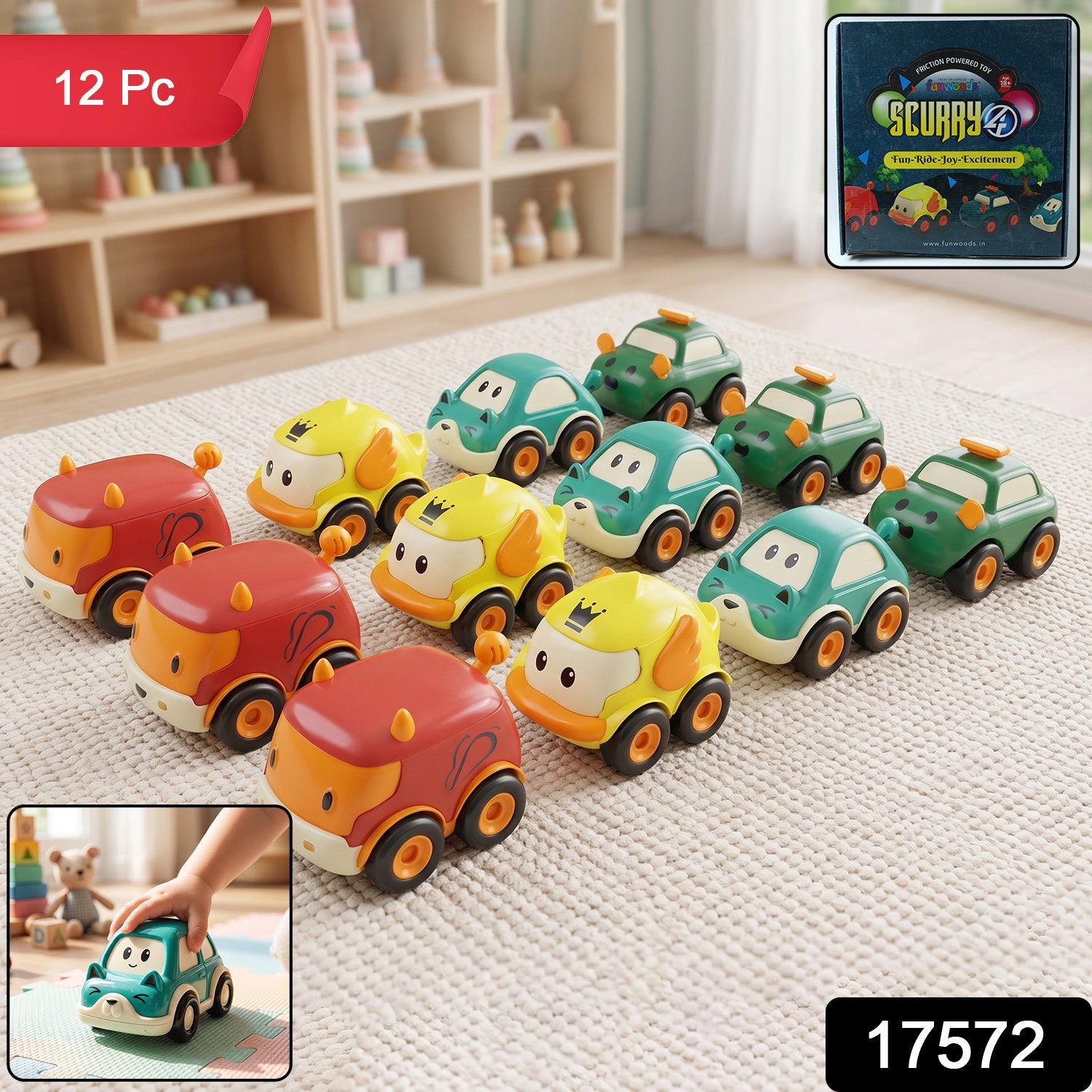 Set of 12 vibrant Funwoods mini toy cars