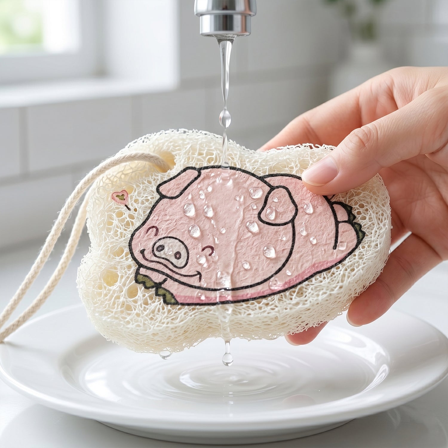 Textured surface of a cartoon bath scrubber sponge for exfoliation