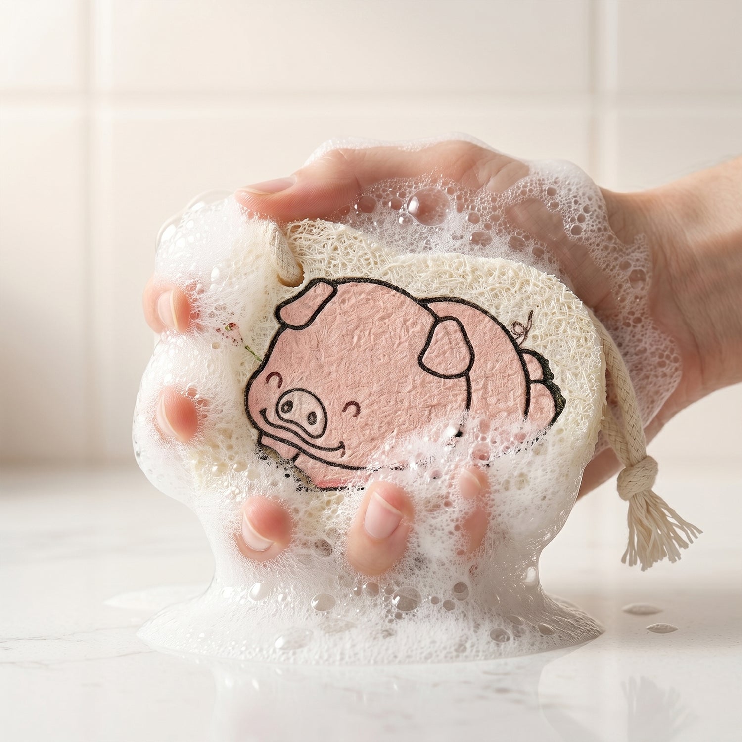 Side view of cartoon bath scrubber sponge with hanging rope