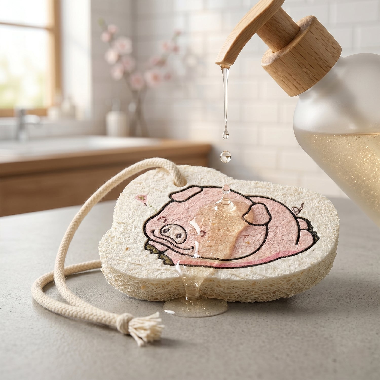 Playful cartoon design on a bath scrubber sponge