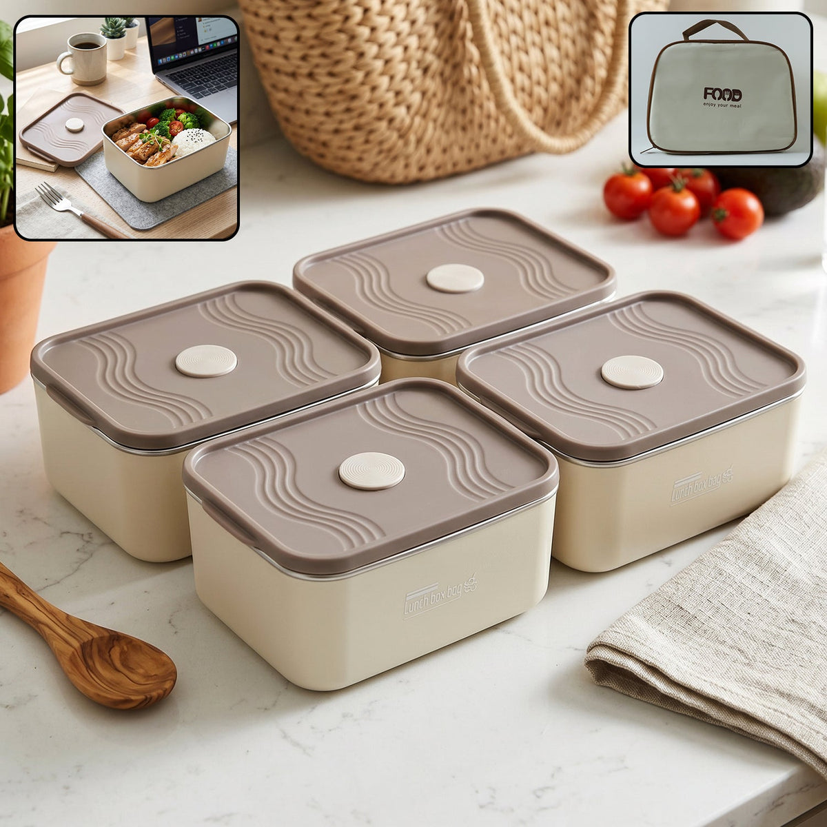 Insulated tiffin lunch box with multiple containers and carry bag for hot or cold meals