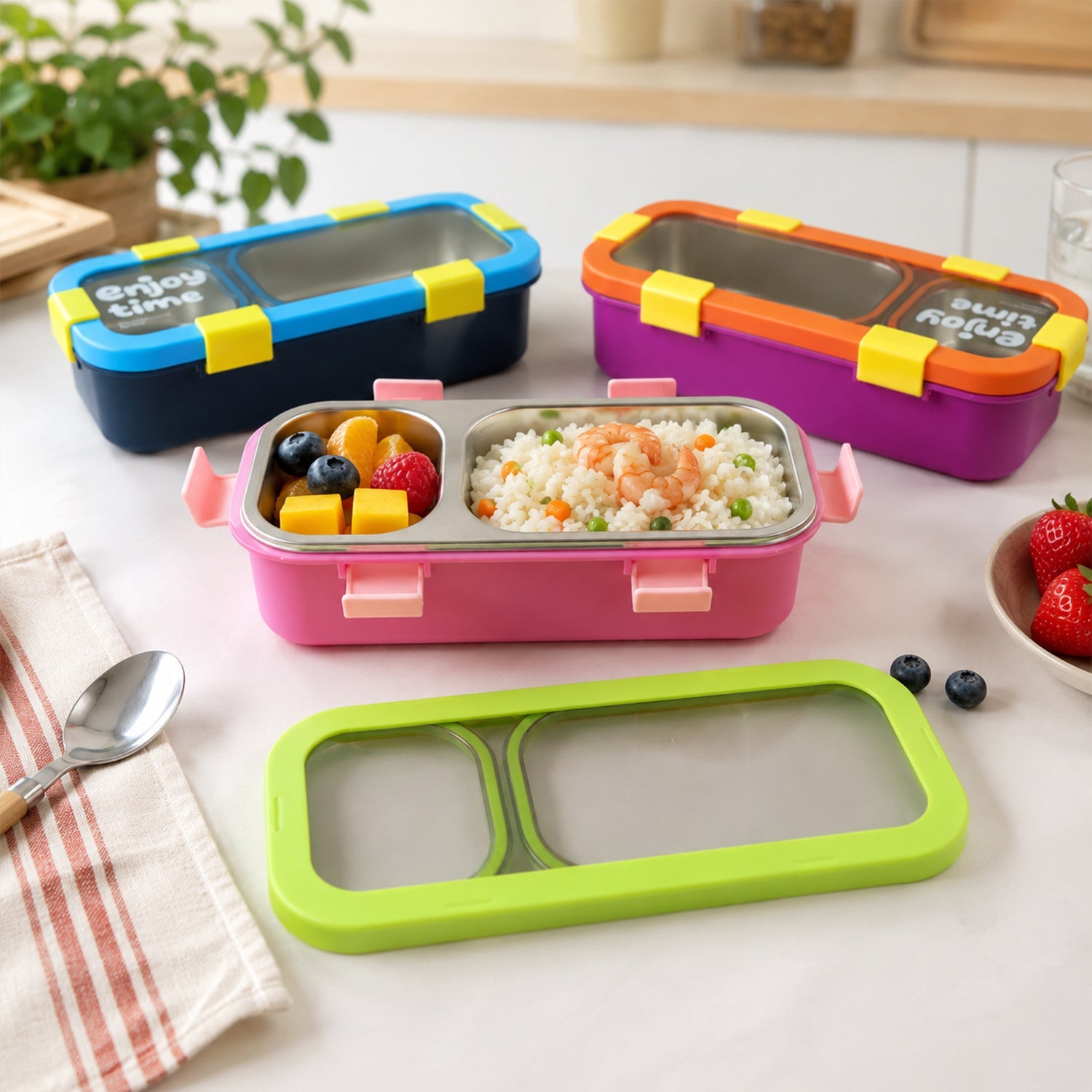 Stainless Steel Leak-Proof Lunch Box with 2 Compartments With Spoon & fork (1 Pc)