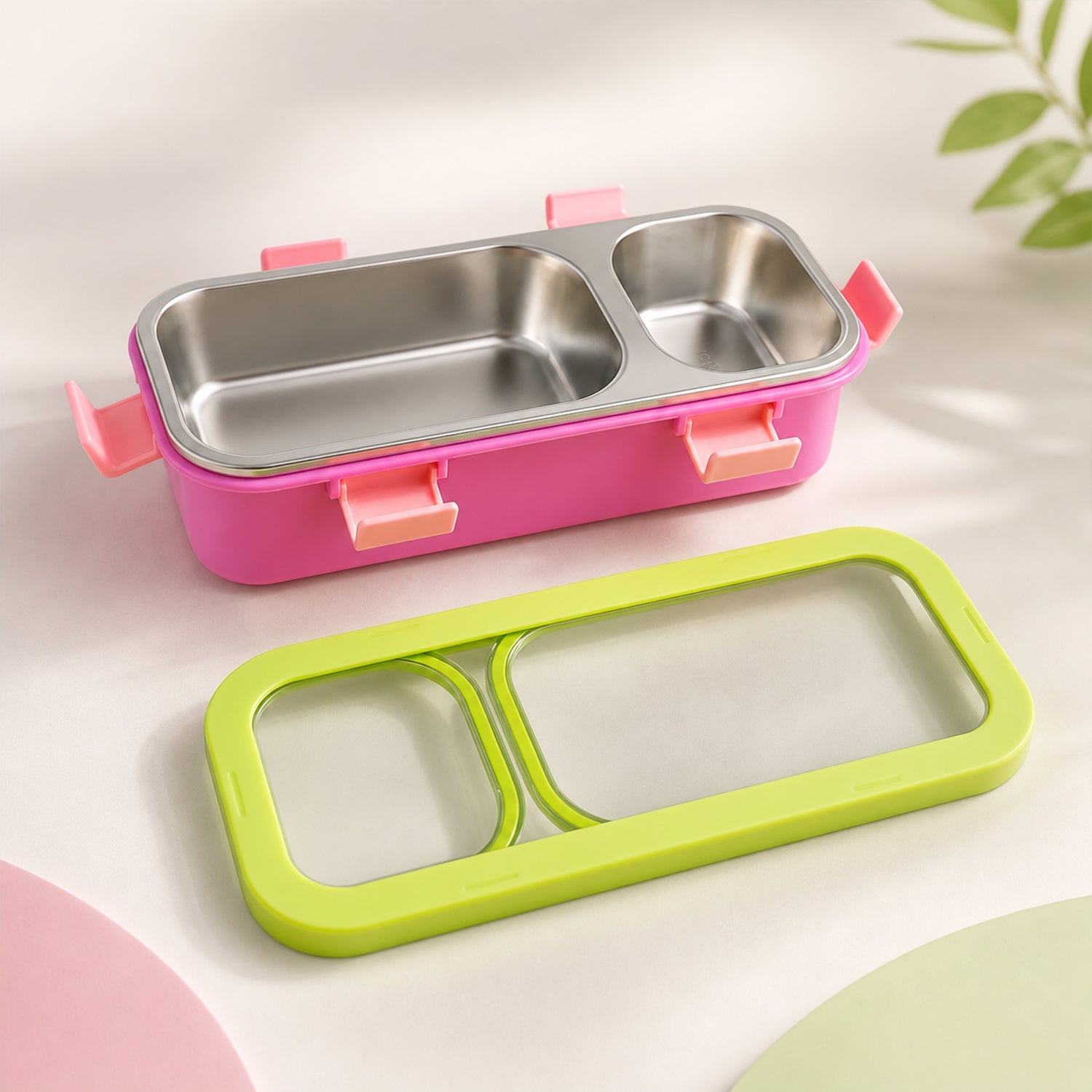 Stainless Steel Leak-Proof Lunch Box with 2 Compartments With Spoon & fork (1 Pc)