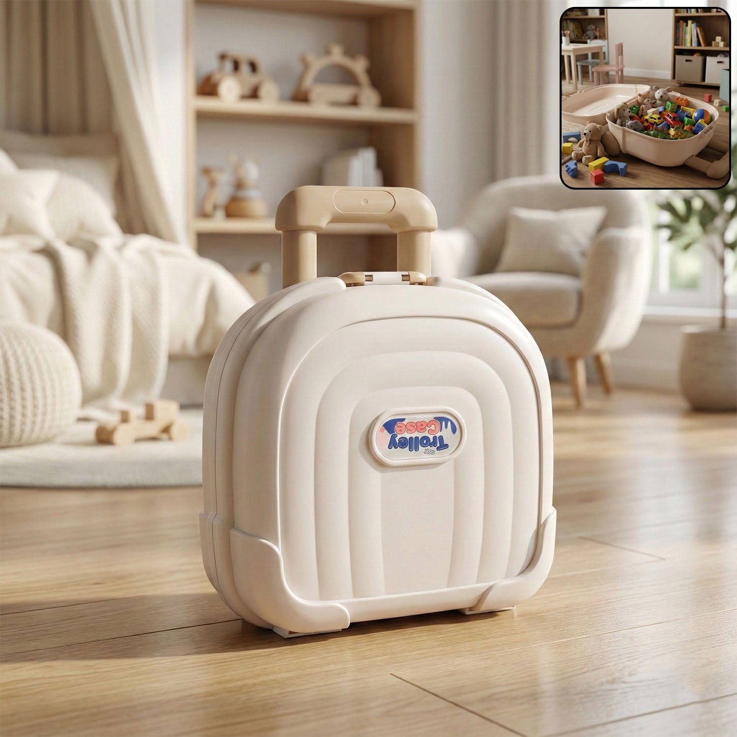 Kids portable toy storage box with handle shown in compact travel case style