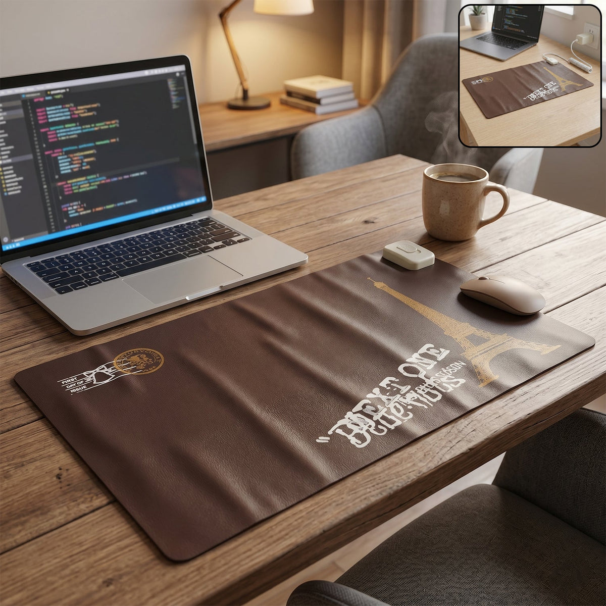 Electric heated mouse pad with adjustable temperature control.