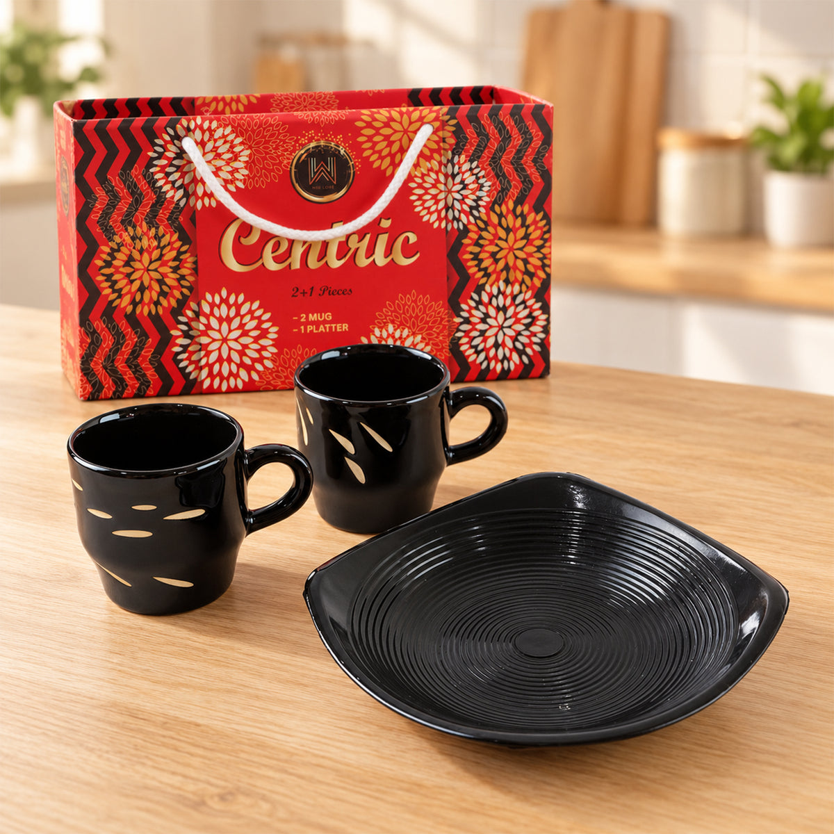Centric Ceramic Tea Cup with Plastic Square Serving Platter - 3pc Set