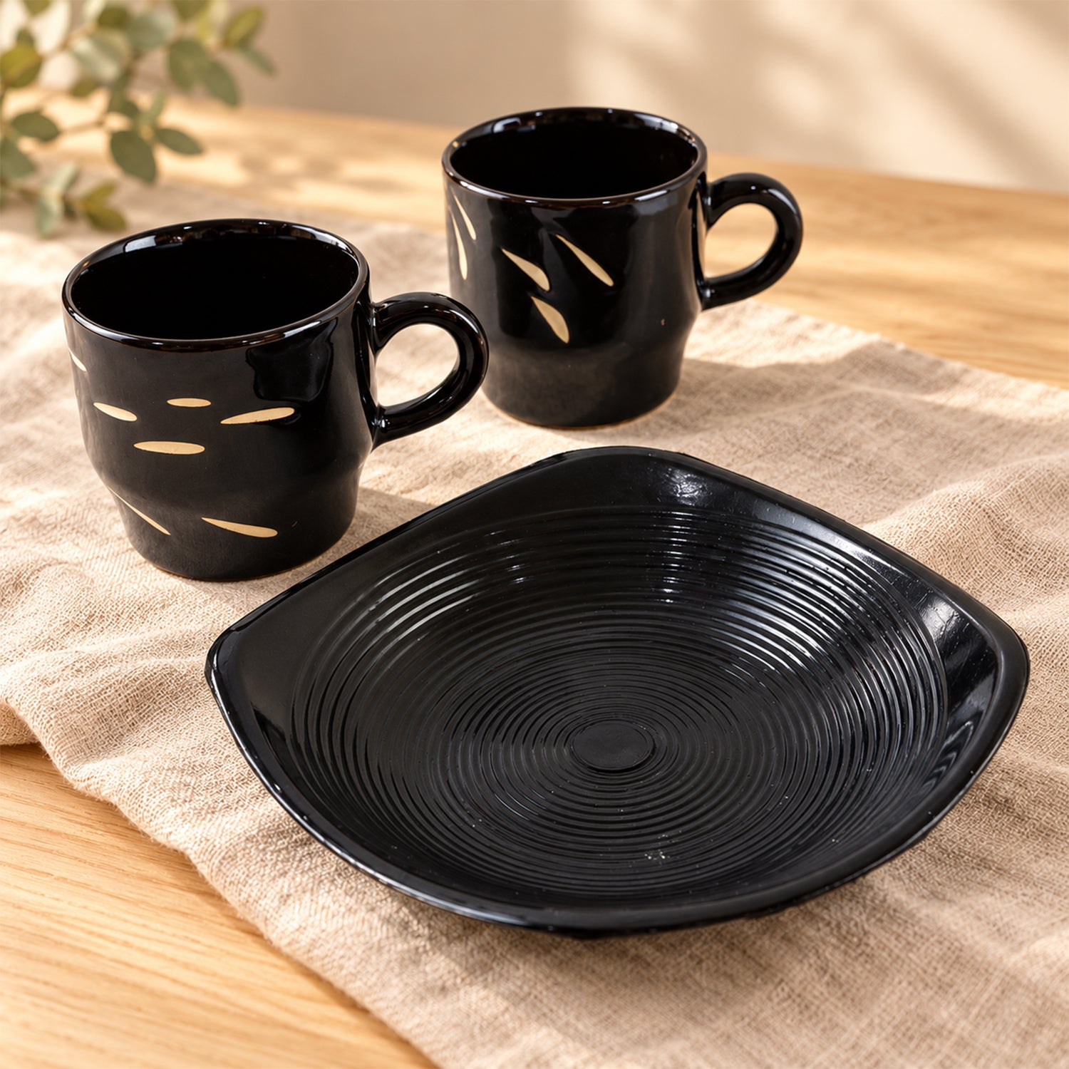 Centric Ceramic Tea Cup with Plastic Square Serving Platter - 3pc Set