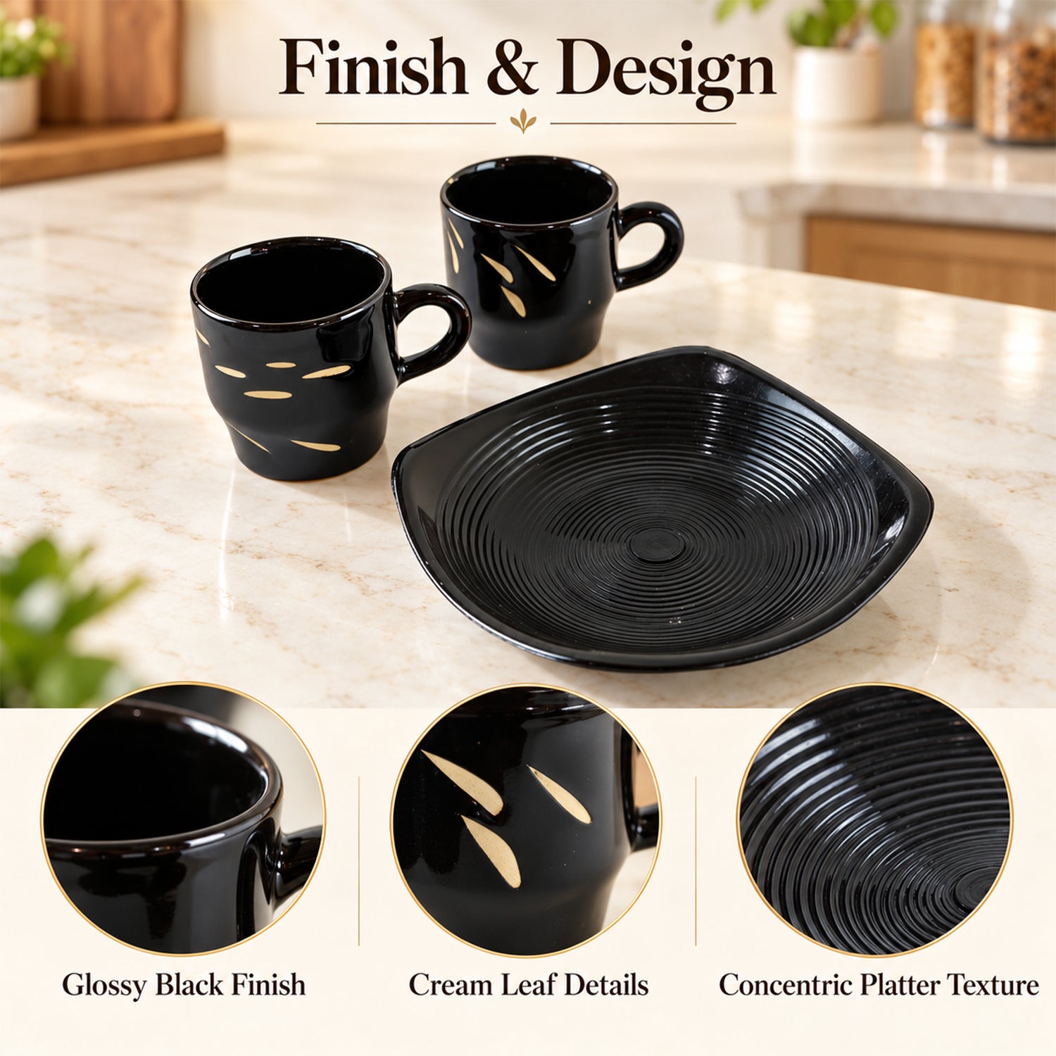 Centric Ceramic Tea Cup with Plastic Square Serving Platter - 3pc Set