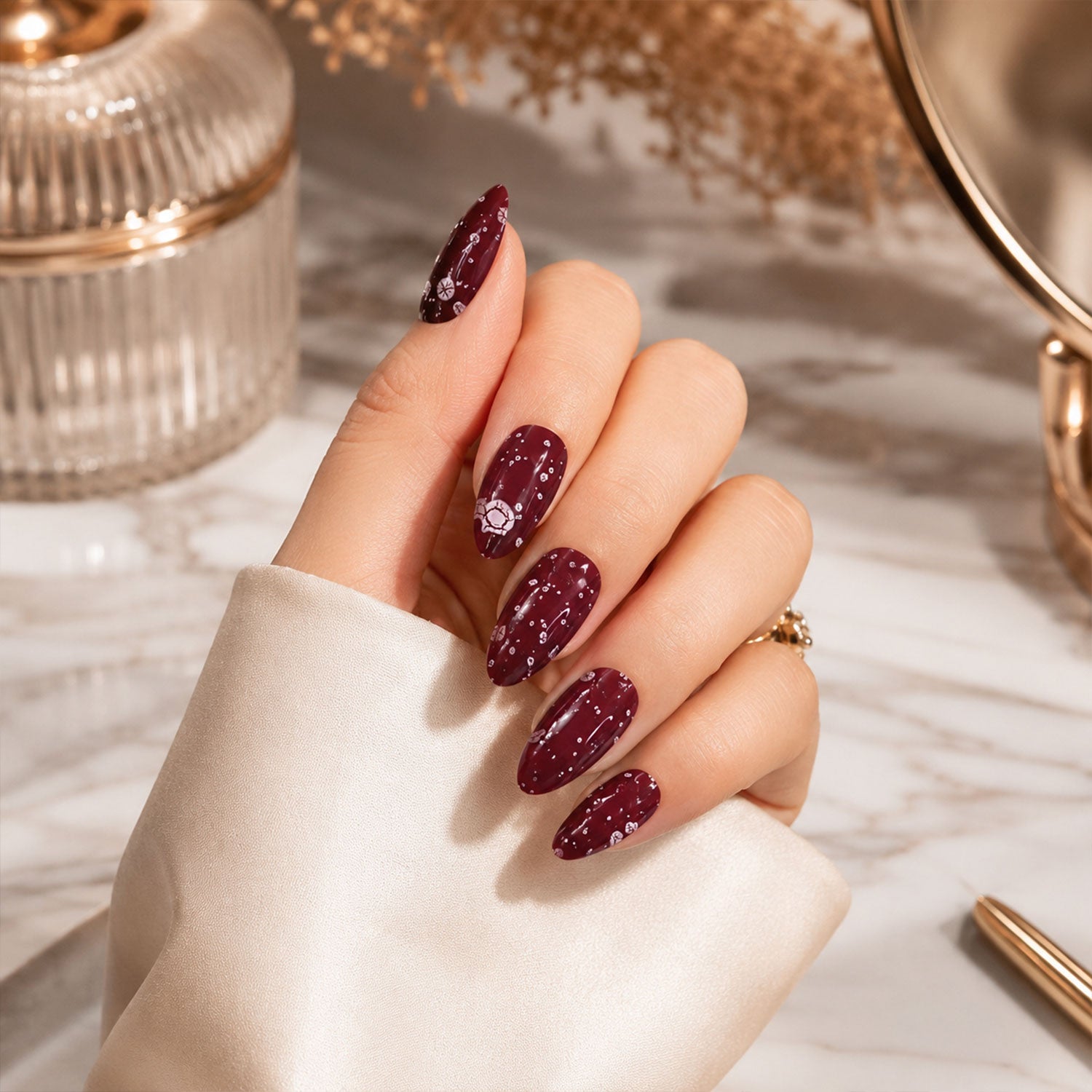 Premium Long Coffin Press-On False Nail with 3D Embellishments (1 Pc)