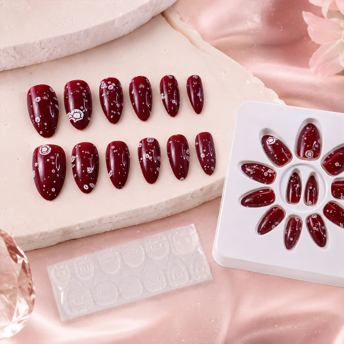 Premium Long Coffin Press-On False Nail with 3D Embellishments (1 Pc)