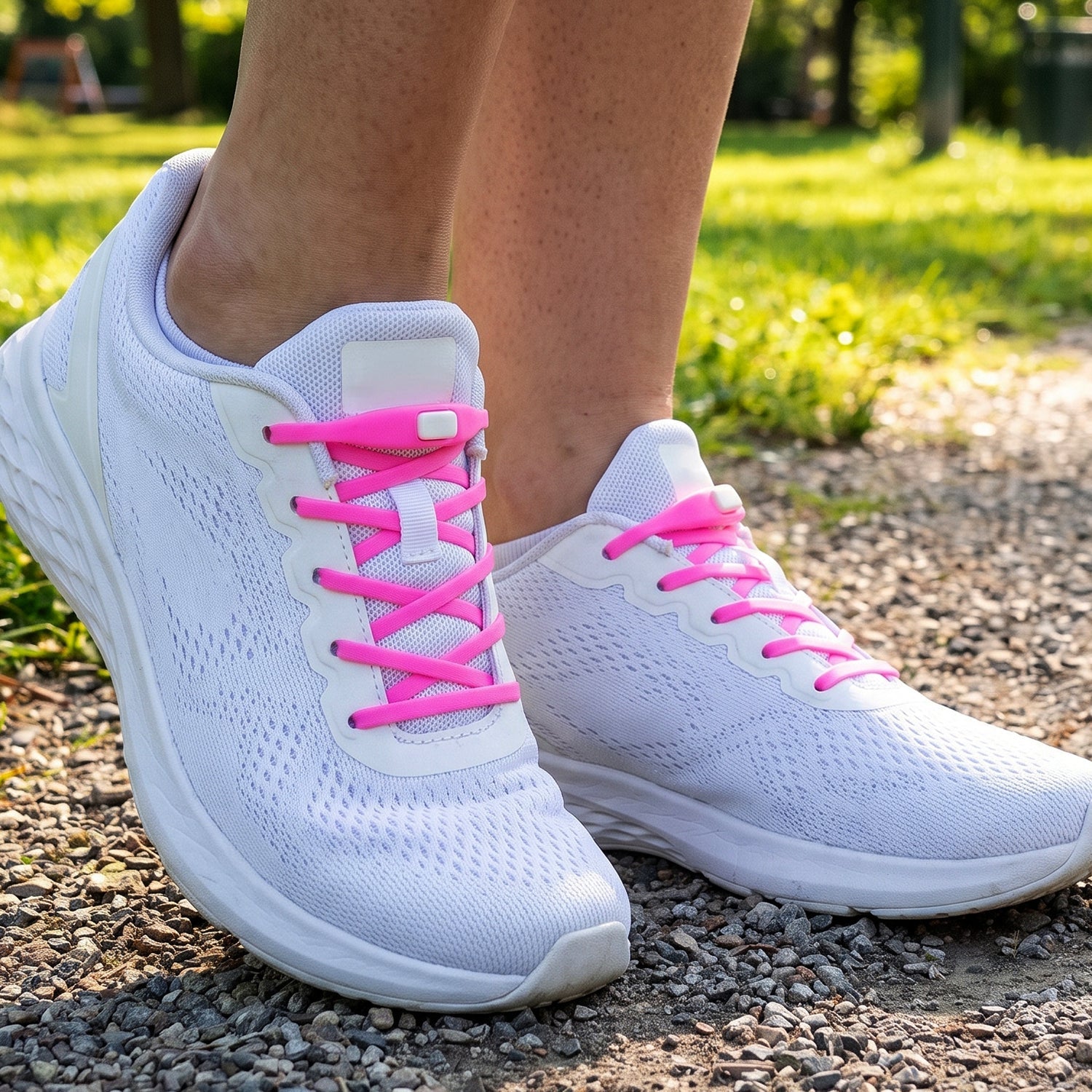 Elastic laces stretching to slip shoes on and off