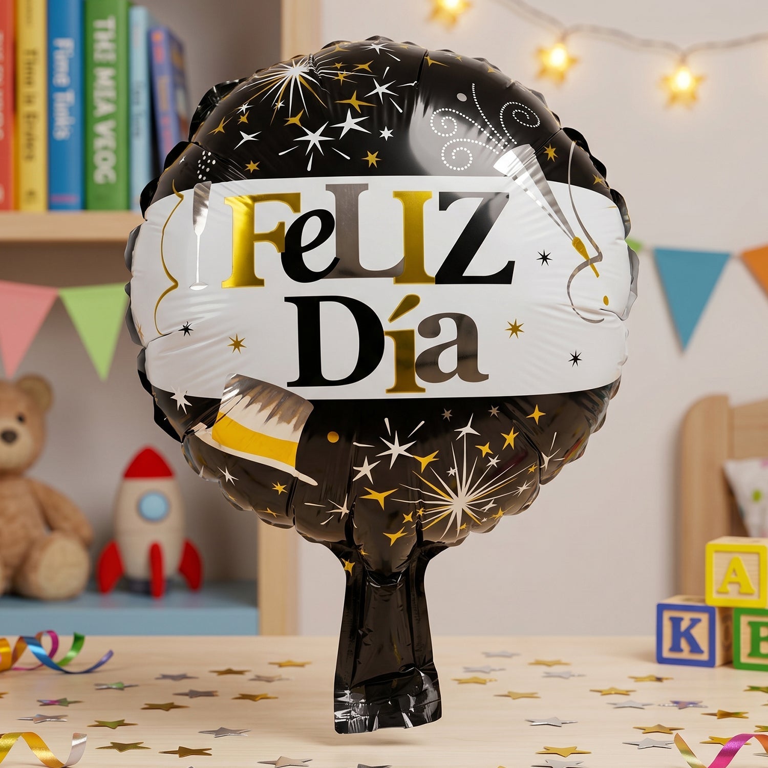 Black gold foil balloon scene