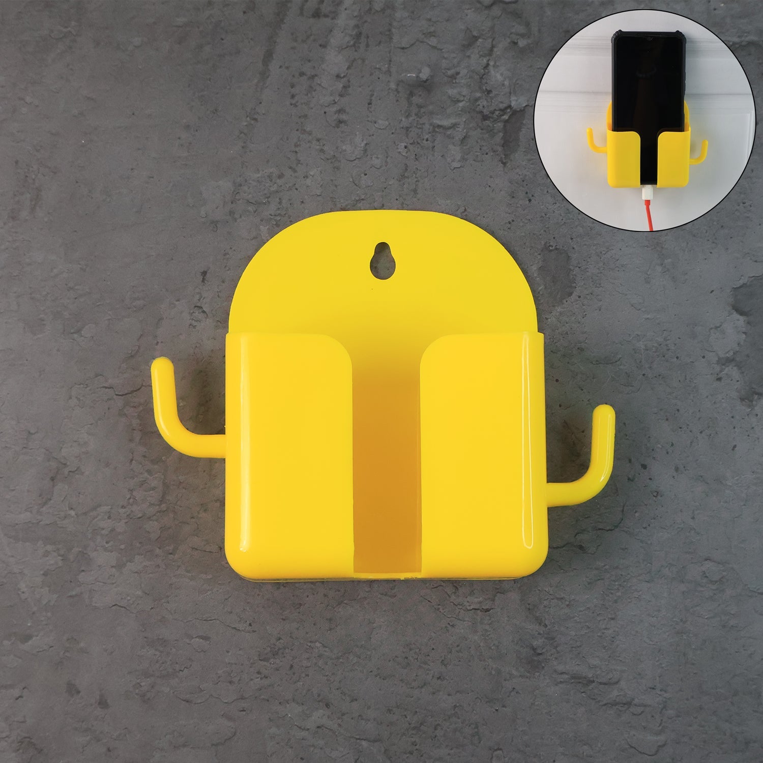 Wall-mount mobile stand with hook holding a phone