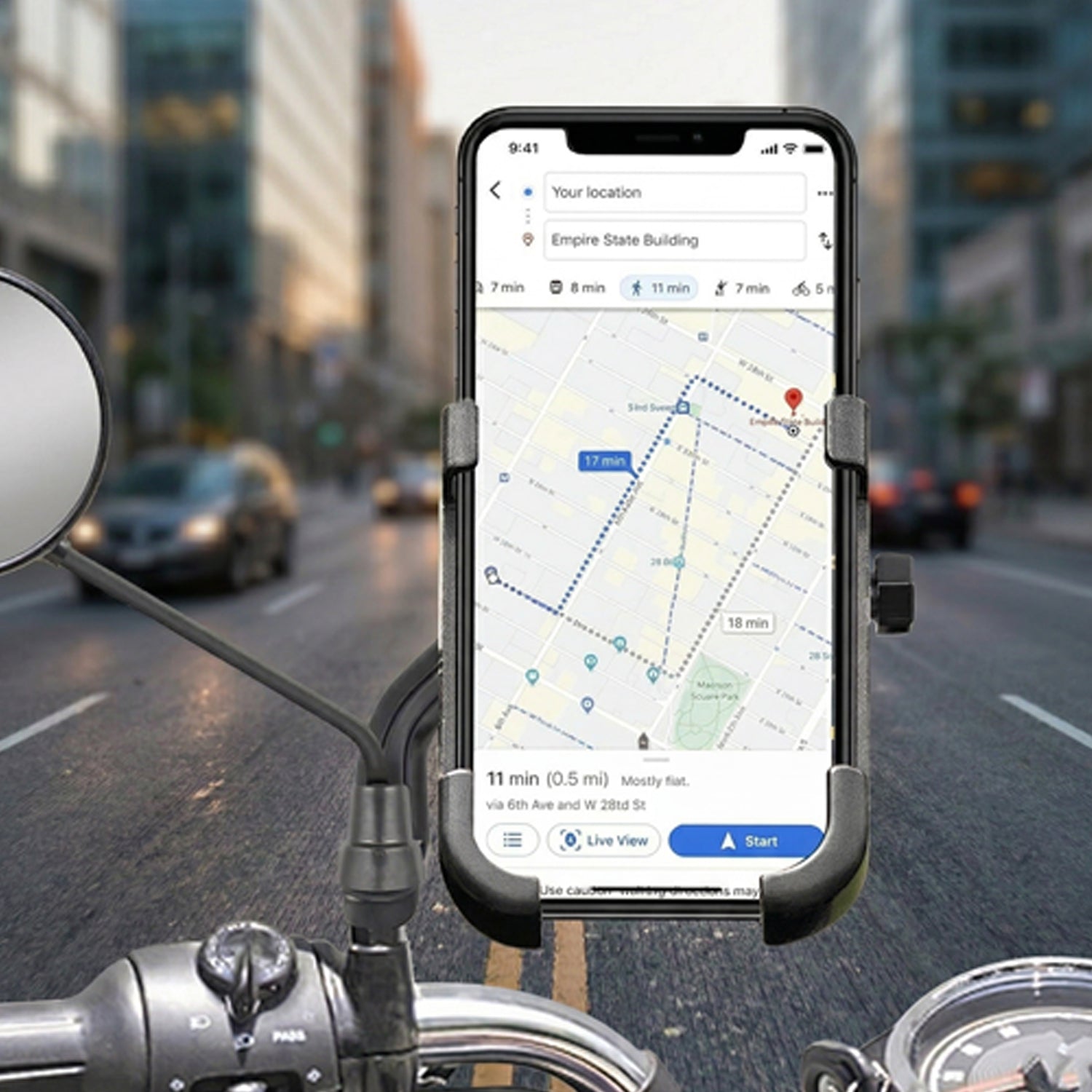 Phone holder mounted on bike mirror with smartphone