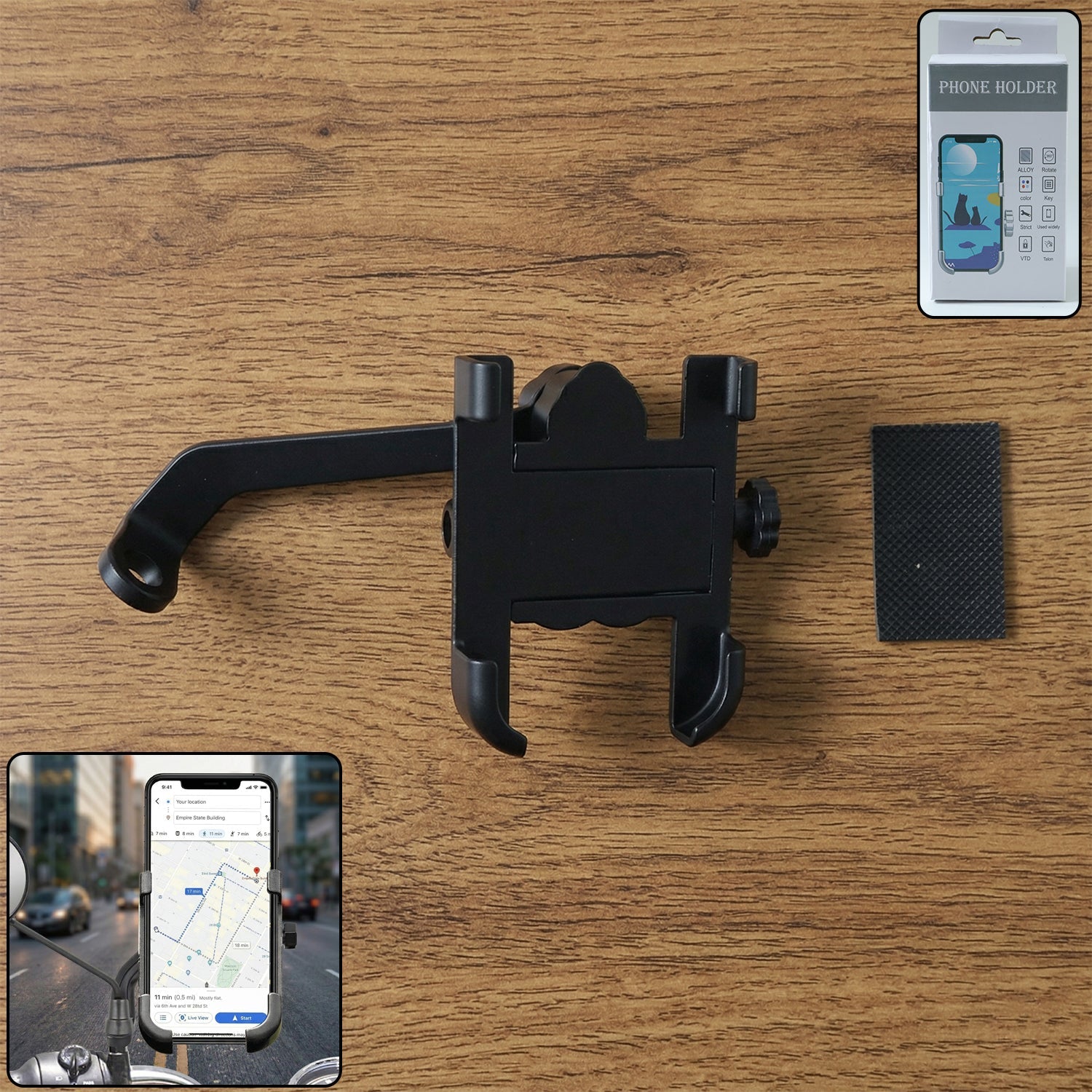 Metal bike phone holder attached to rear view mirror